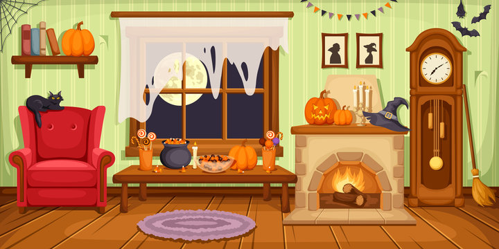 Halloween room interior. Vector illustration.