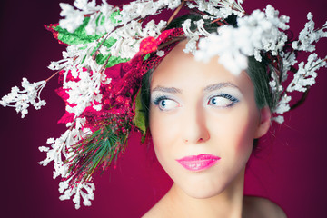 Christmas winter woman with tree hairstyle and makeup, fashion model