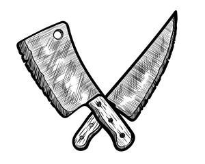 Meat Clever and Butcher Knife Black and White Sketch Style Vector Graphic Illustration