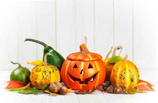 Holiday Halloween autumn decoration with jack-o-lantern