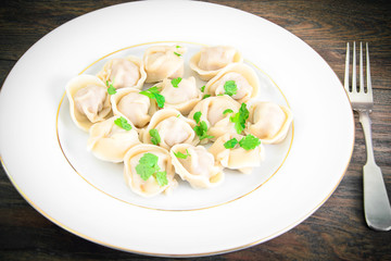 Tasty Homemade dumplings, Russian Pelmeni on Wood Background.