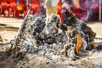 Málaga, lumbre para asar el tradicional espeto de sardinas, Andalucía, España, hostelería