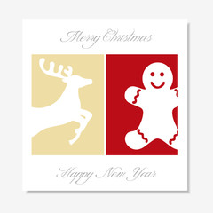 Christmas card with flying reindeer and gingerbread silhouette on red and gold background. Gift card with merry christmas and happy new year label text. Modern and minimal style cover for wishes.
