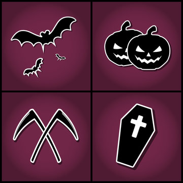 Halloween holiday icons in black color and white outline with purple background. Scary halloween pumpkin, bats, scythe, corpse vector symbol set.
