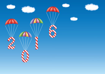 2016 New Year and Christmas decoration with candy canes in form of digits, descending by parachutes. With copy space. Great for greeting cards.