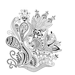 Abstract floral background  in mehndi style.  Hand drawn ink pattern made by trace from personal sketch.  Abstract background, cover. 