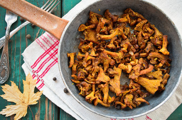 Fried Chanterelles with onions and fresh herbs in skillet