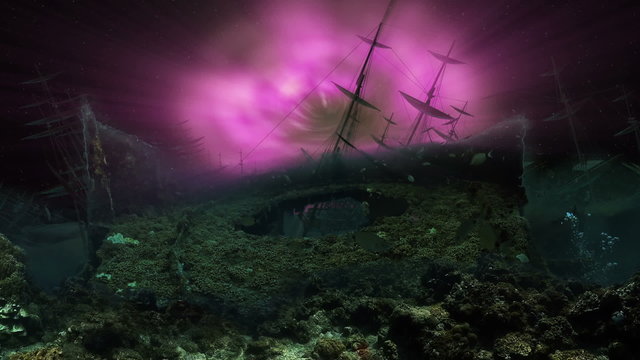 ships graveyard underwater under the space ocean and colorful wormhole 