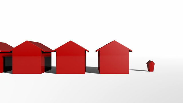 A slow closeup pan of iconic plastic house popping up in sequence in a row