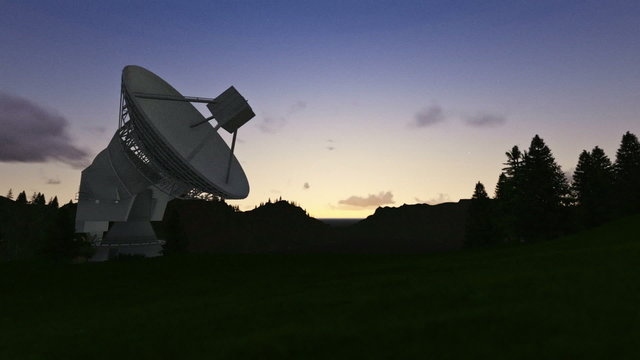 Satellite Antenna on Green Meadow, timelapse night to day.