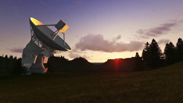 Satellite Antenna on Green Meadow, timelapse sunset