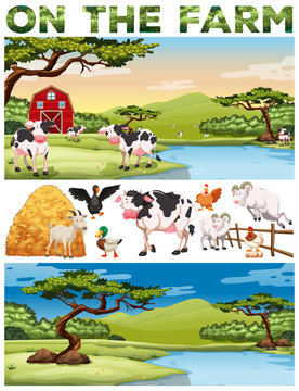 Farm theme with farm animals and farmland