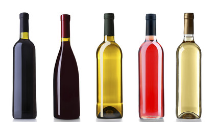 Obraz na płótnie Canvas Set of white, rose, and red wine bottles, isolated on white