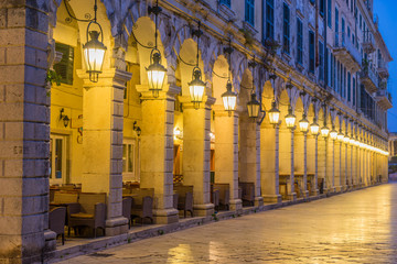 The historic center of Corfu town at night