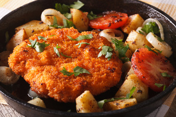 schnitzel with fried vegetables in a pan close-up. horizontal
