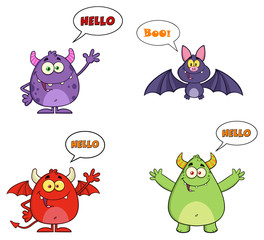 Five Halloween Characters With Speech Bubbles And Text. Collection Set