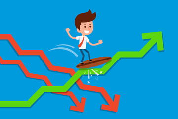 Businessman surfing on arrow graph.