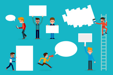 People with blank board sign.