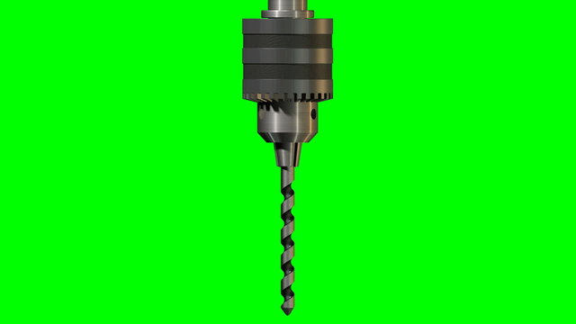 A front view animation of a spinning metal drill chuck with a spiral drill bit attached to it on a green screen background