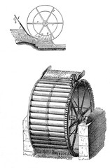 Energy from water, vintage water mill wheel, vintage black and white engraving