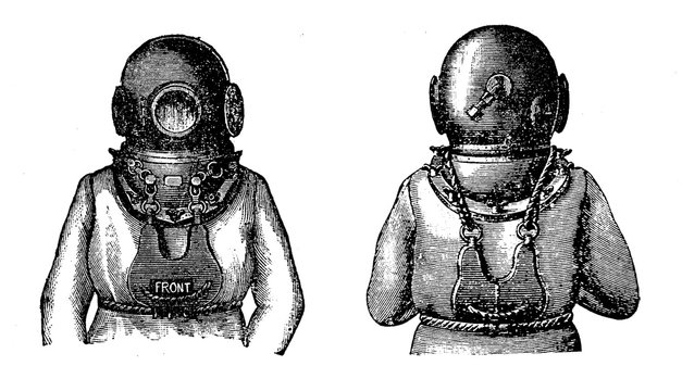 Old diving suit with  windowed helmet , black and white engraving