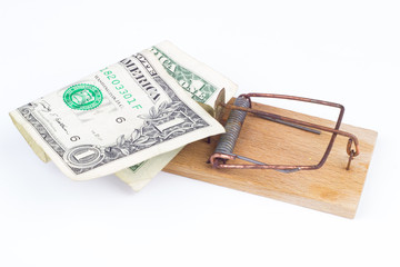 Mousetrap with one bill dollar on the isolated white background