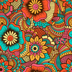 Hand drawn seamless pattern with floral elements. 