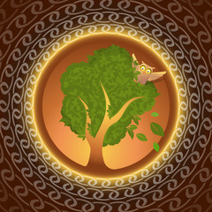 Owl on oak looking abroad