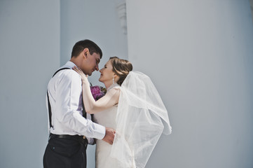 Newlyweds hugging on the background of the Church 3807.