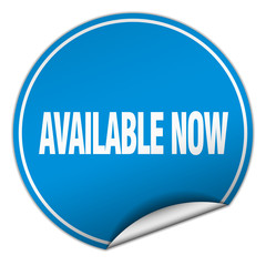 available now round blue sticker isolated on white