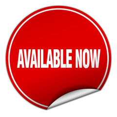 available now round red sticker isolated on white