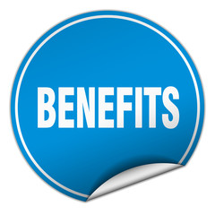 benefits round blue sticker isolated on white