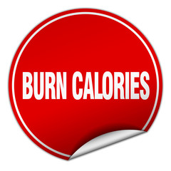 burn calories round red sticker isolated on white