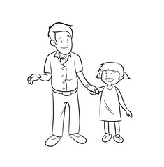 Fatherhood Doodle, a hand drawn vector doodle illustration of a father and a daughter holding hands.