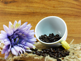 studio shot of coffee beans on wooden background still life