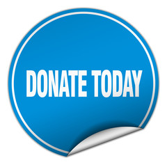 donate today round blue sticker isolated on white