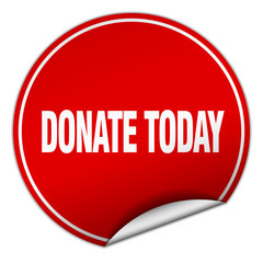 donate today round red sticker isolated on white