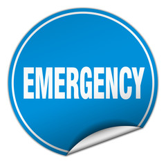 emergency round blue sticker isolated on white