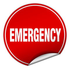 emergency round red sticker isolated on white