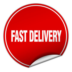 fast delivery round red sticker isolated on white