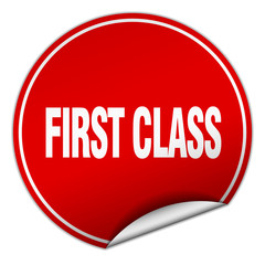 first class round red sticker isolated on white