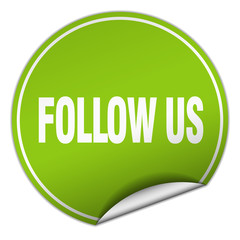 follow us round green sticker isolated on white