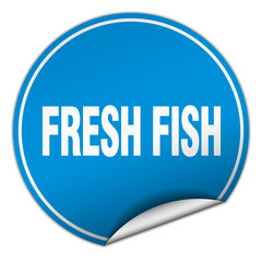 fresh fish round blue sticker isolated on white