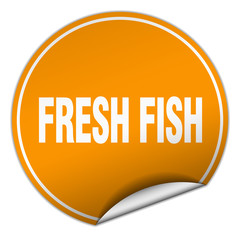 fresh fish round orange sticker isolated on white