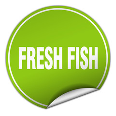 fresh fish round green sticker isolated on white