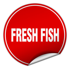 fresh fish round red sticker isolated on white