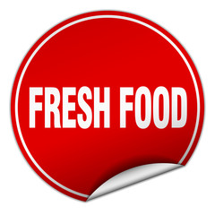 fresh food round red sticker isolated on white