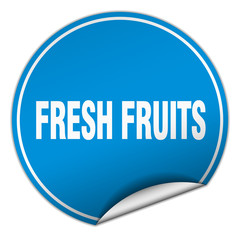 fresh fruits round blue sticker isolated on white