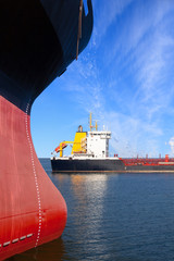 Two ships in the sea on a collision course.