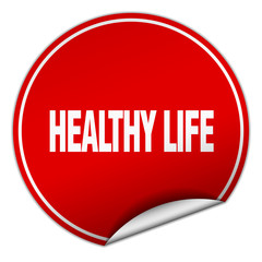 healthy life round red sticker isolated on white